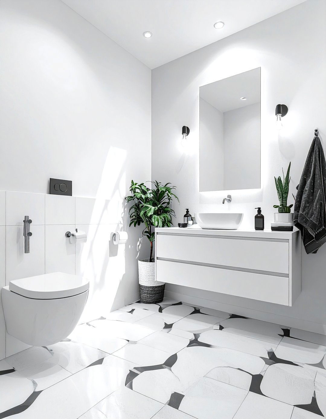 White bathroom with patterned floor - 30 white bathroom decor ideas