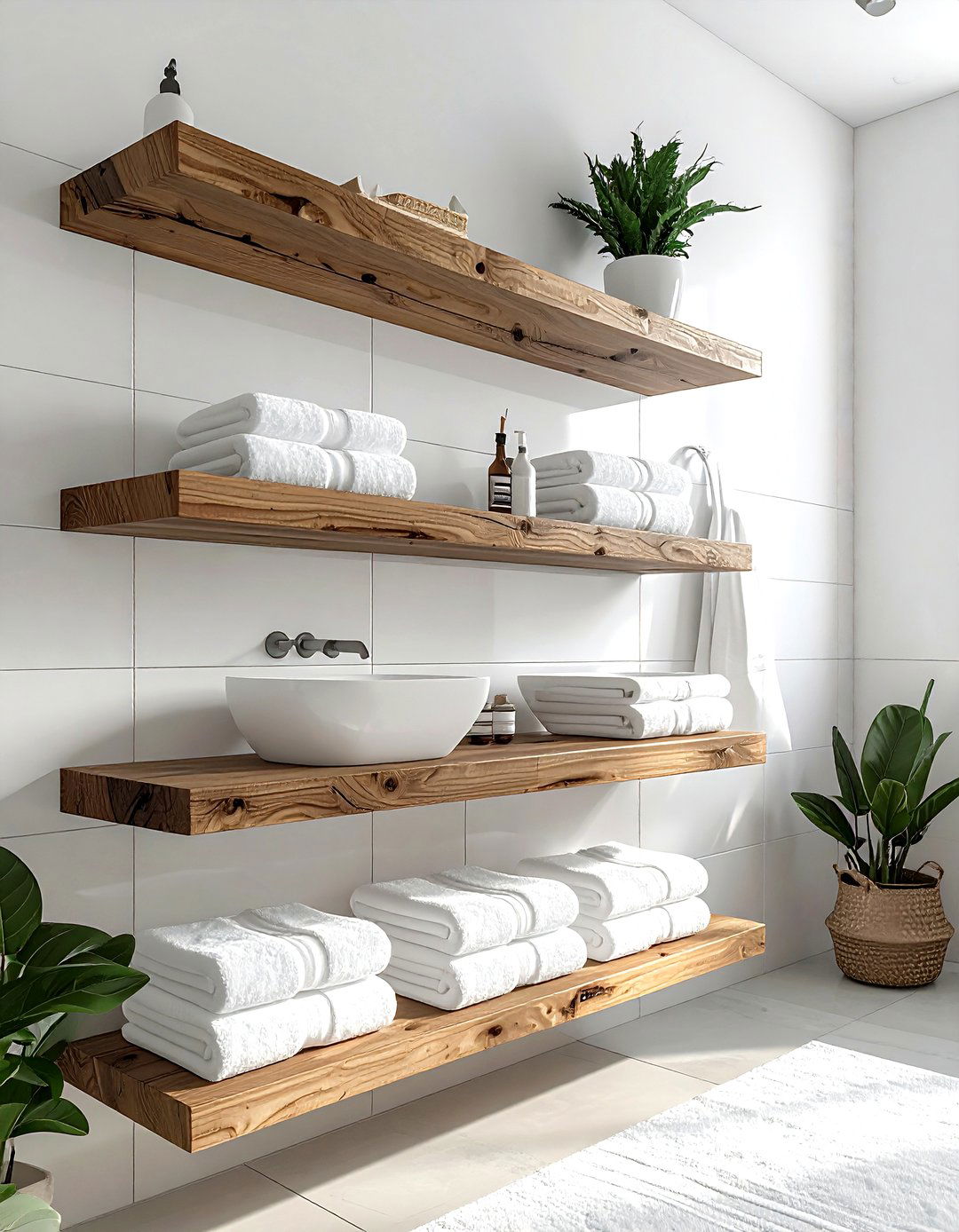 White bathroom wood shelves - 30 brown and white bathroom ideas