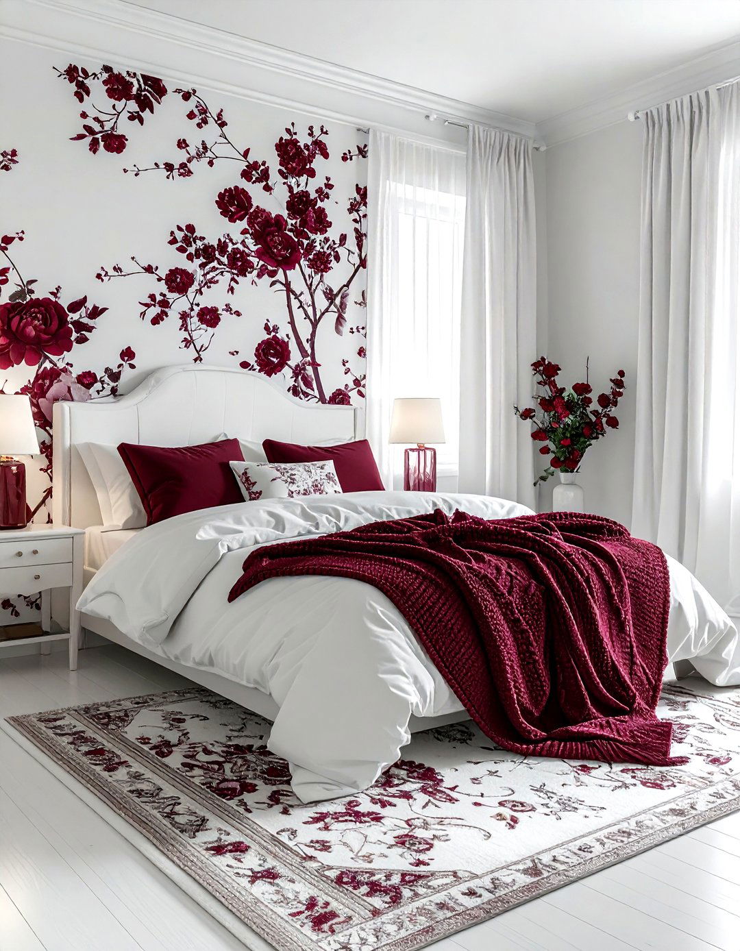 White bedroom burgundy floral wallpaper - 30 burgundy and white bedroom ideas
