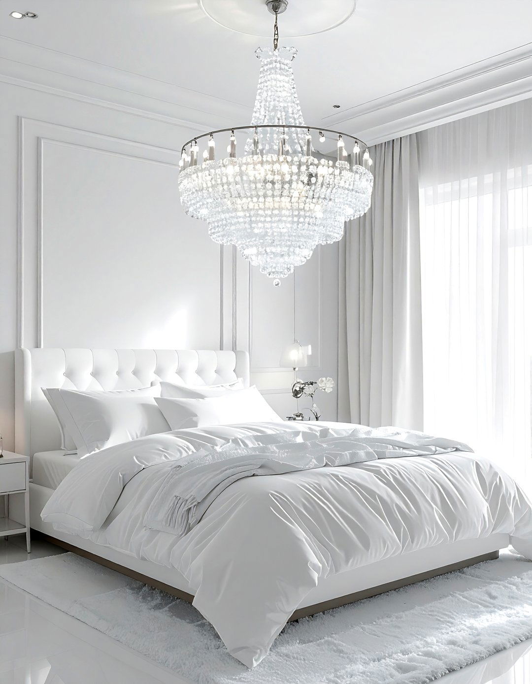 White bedroom chandelier - 30 white bedroom design ideas