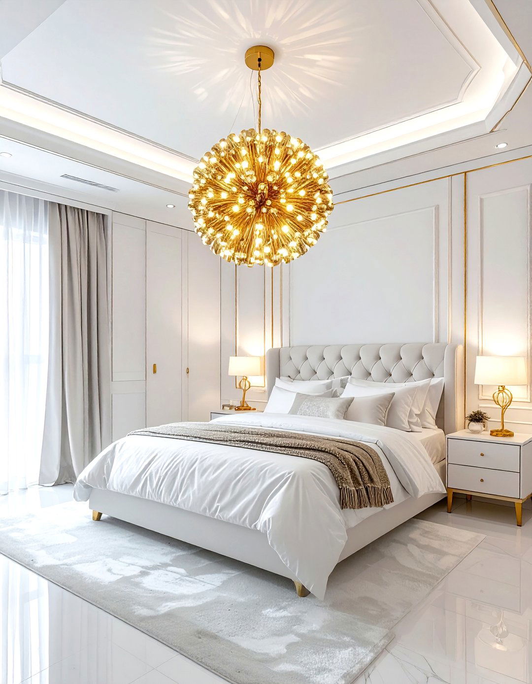 White bedroom gold light fixture - 30 gold and white bedroom ideas