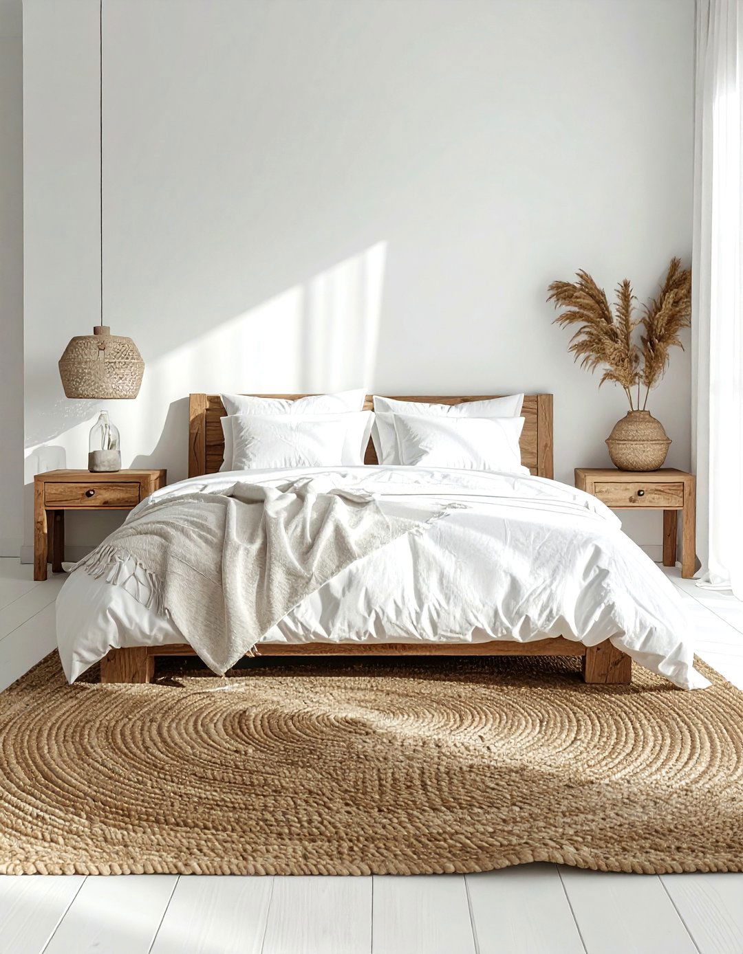 White bedroom with jute rug - 30 coastal white bedroom ideas