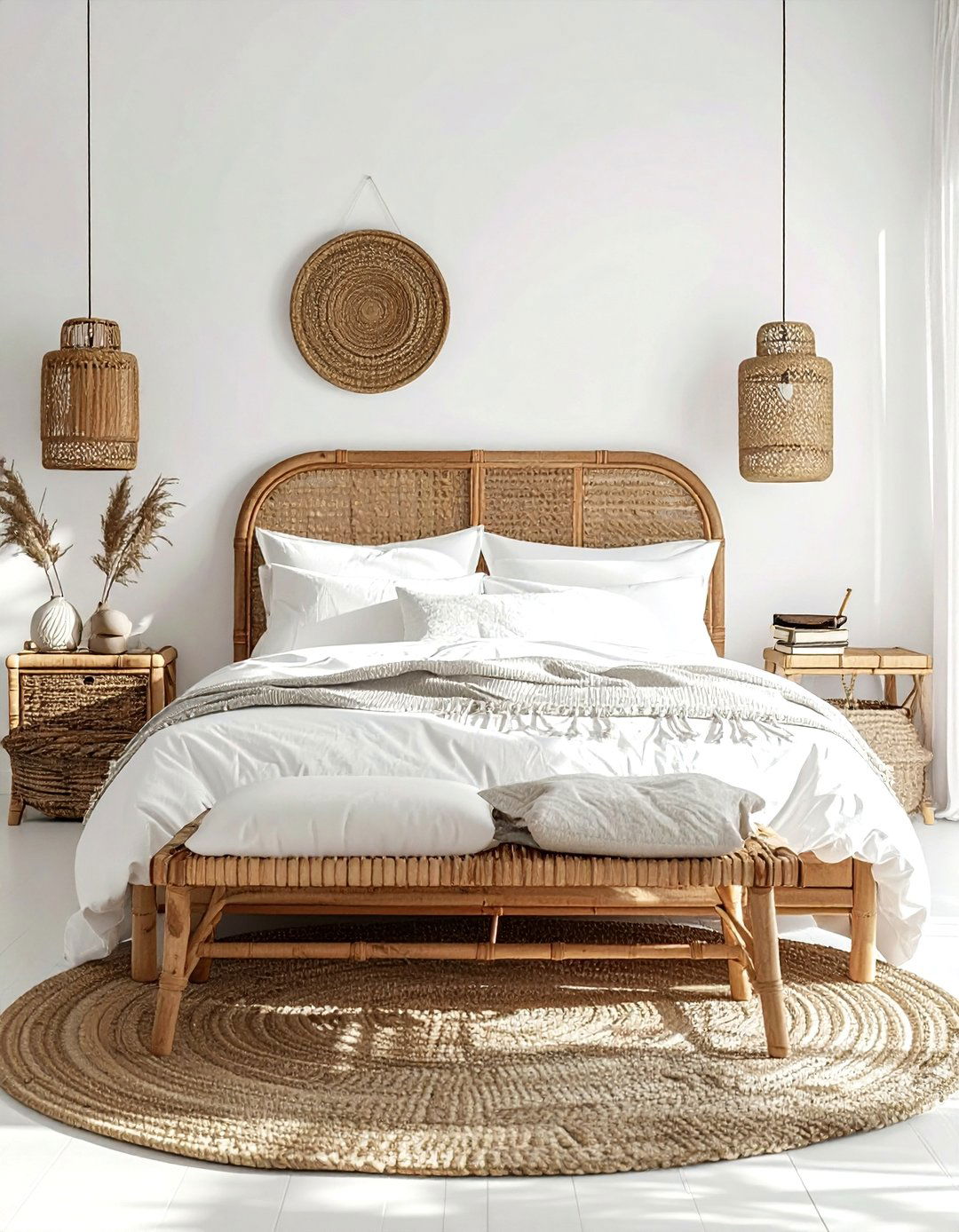 White bedroom with rattan accents - 30 coastal white bedroom ideas