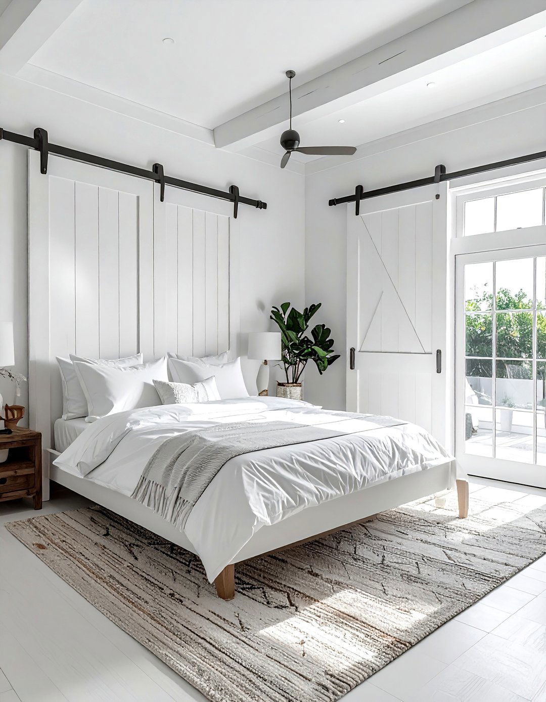 White bedroom with sliding barn doors - 30 coastal white bedroom ideas