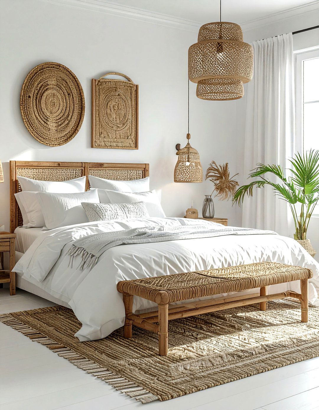 White bedroom with woven textures - 30 coastal white bedroom ideas