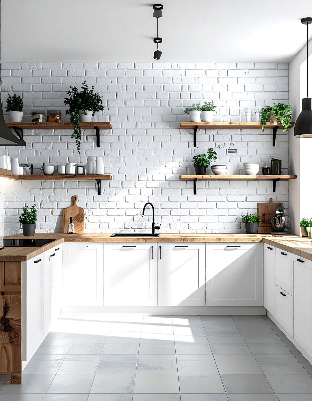 White brick wall - 30 white kitchen decor ideas
