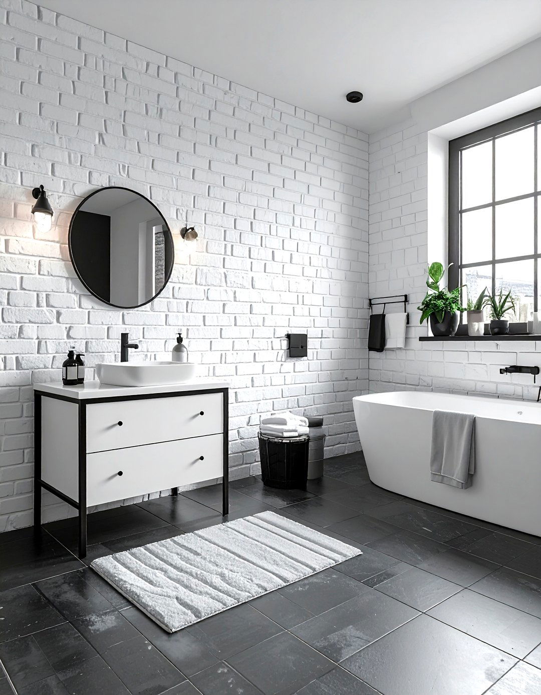 White brick wall charcoal bathroom - 30 charcoal and white bathroom ideas