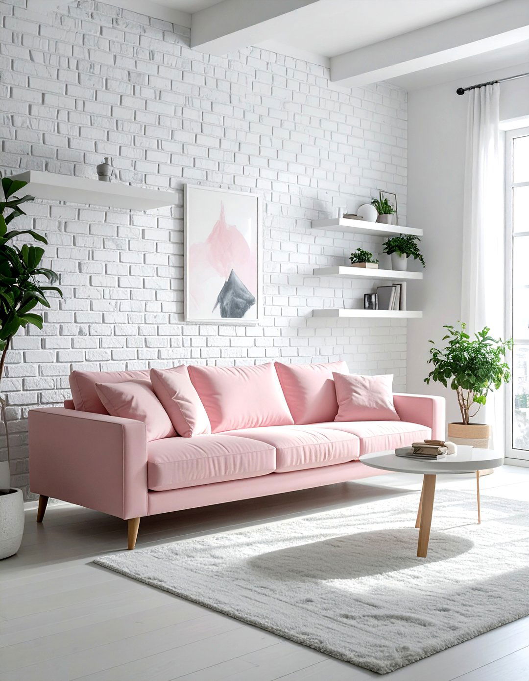 White brick wall - 30 blush and white living room ideas