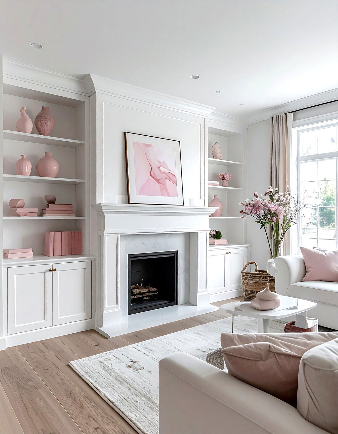White built in cabinets - 30 blush and white living room ideas