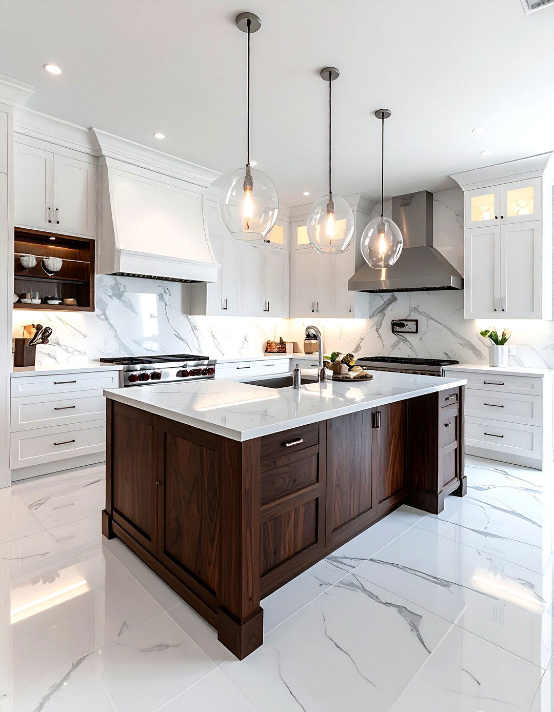 White cabinets with dark wood island - 30 brown and white kitchen ideas