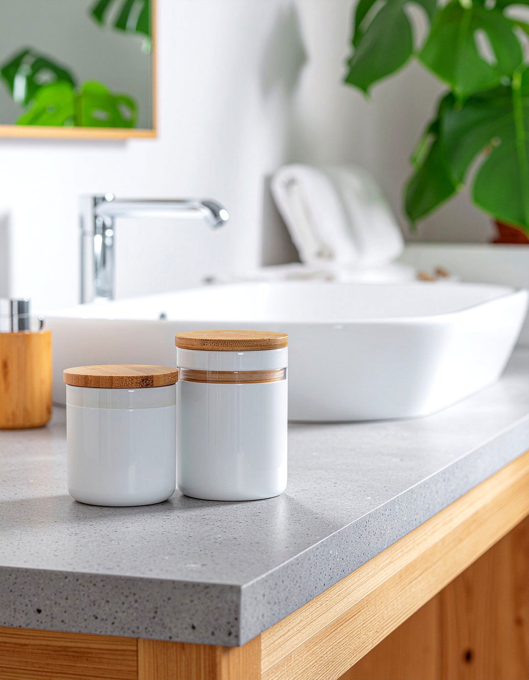 White ceramic canister - 30 bathroom countertop styling ideas