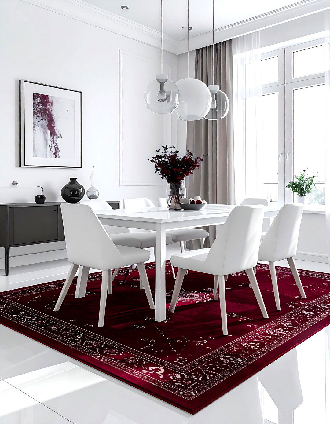 White dining room burgundy rug - 30 burgundy and white dining room ideas