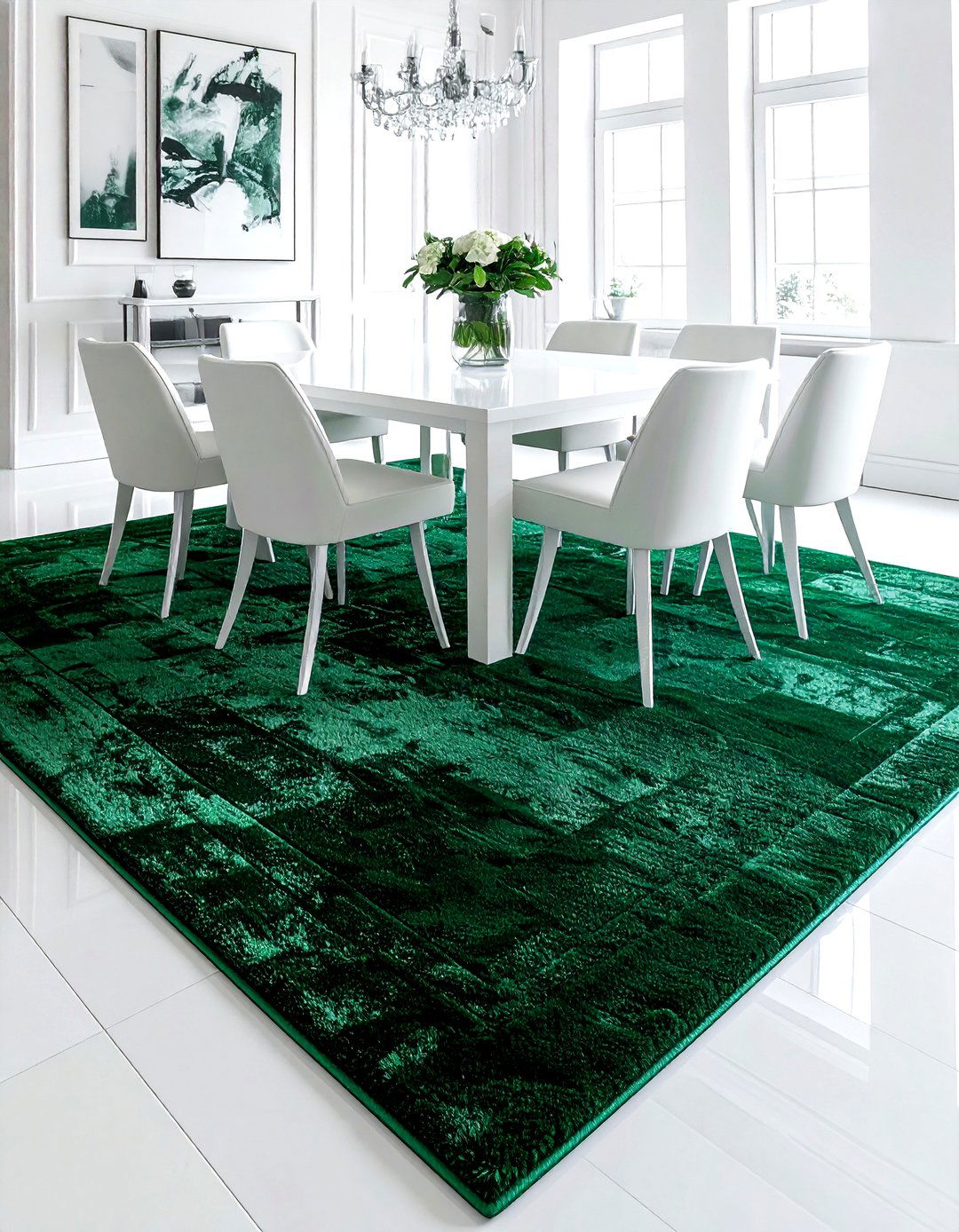 White dining room emerald green area rug - 30 emerald and white dining room ideas