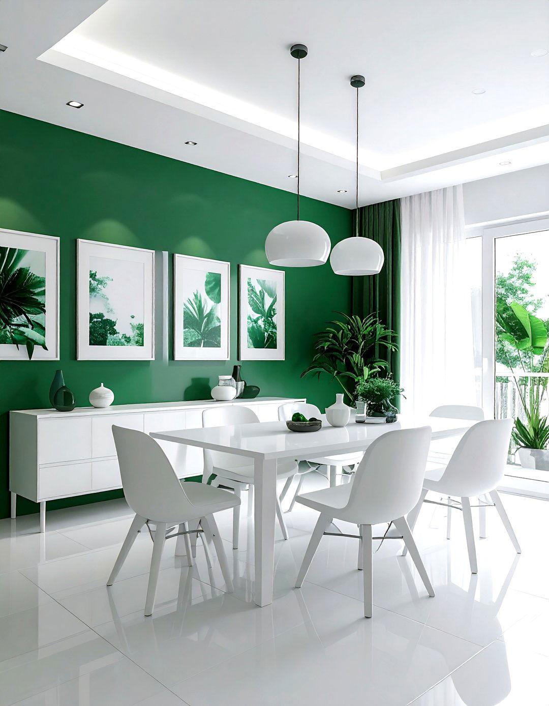 White dining room emerald green gallery wall - 30 emerald and white dining room ideas