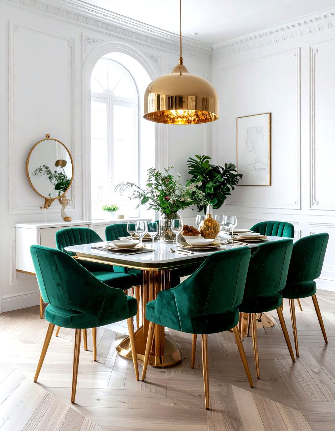 White dining room emerald green gold accents - 30 emerald and white dining room ideas