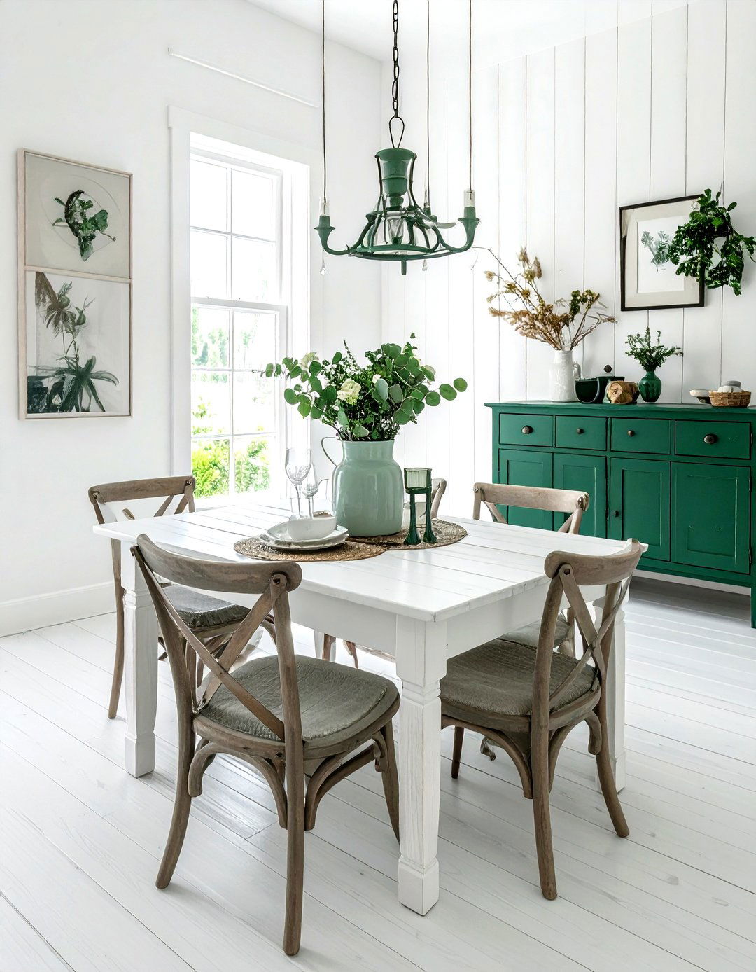 White farmhouse dining room emerald green accents - 30 emerald and white dining room ideas