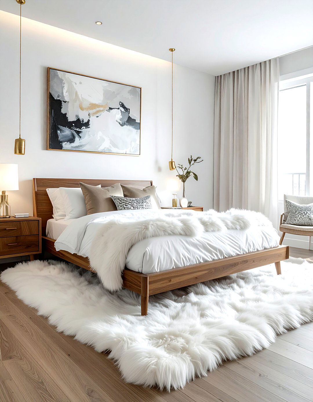 White faux fur bedroom - 30 mid-century glam bedroom ideas