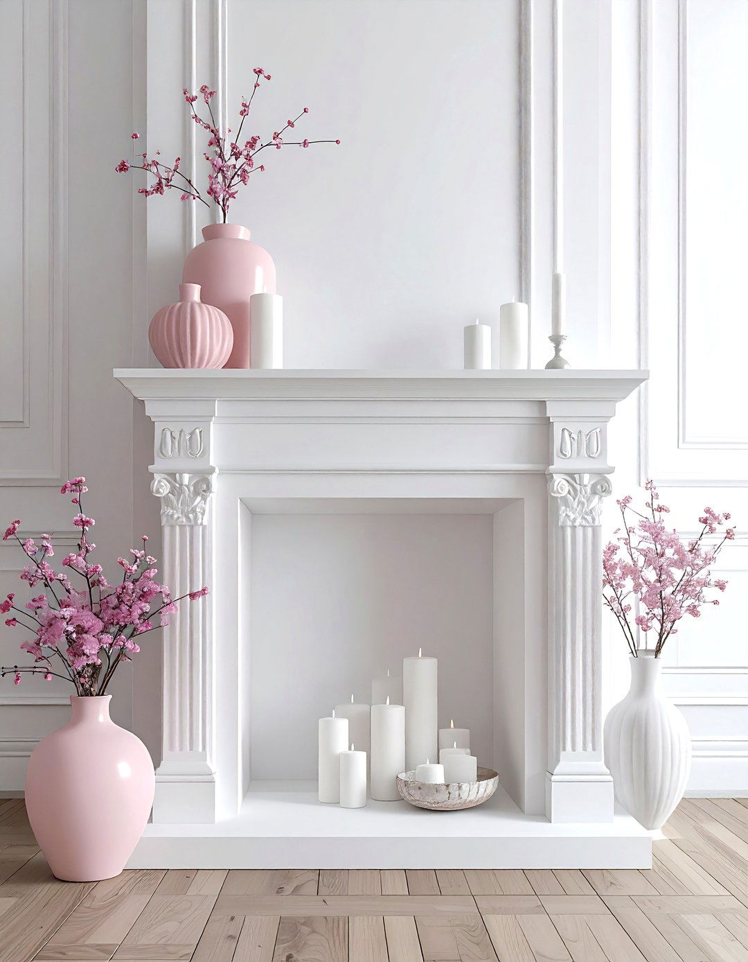 White fireplace mantle - 30 blush and white living room ideas