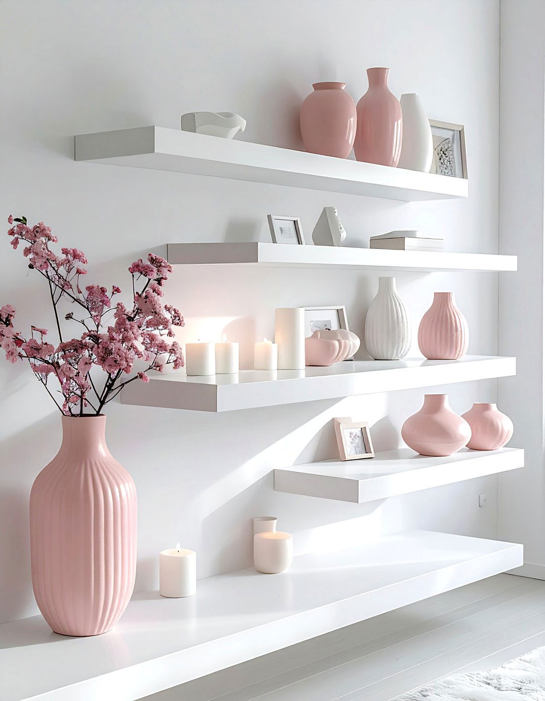 White floating shelves - 30 blush and white living room ideas