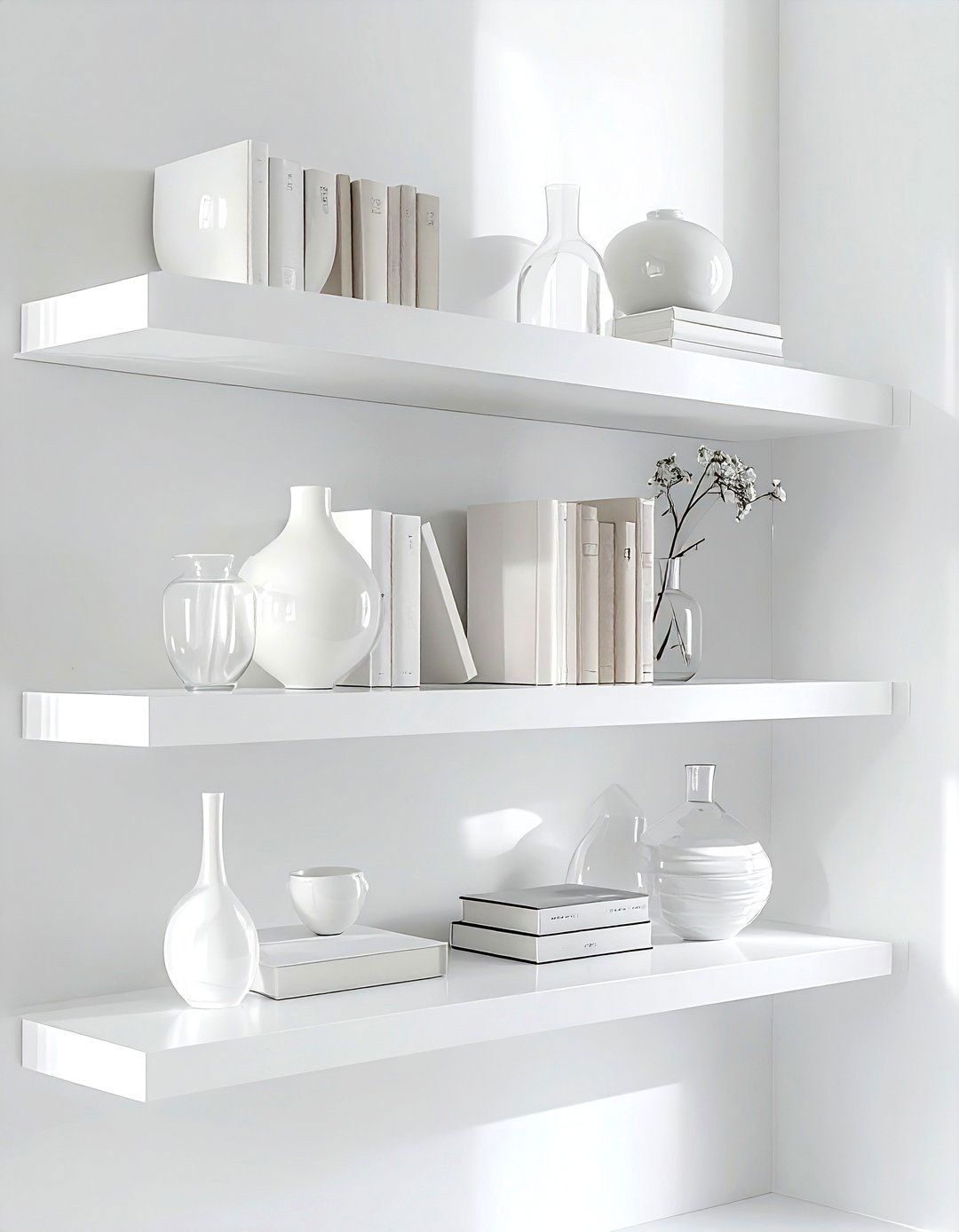 White floating shelves - 30 all white decor ideas