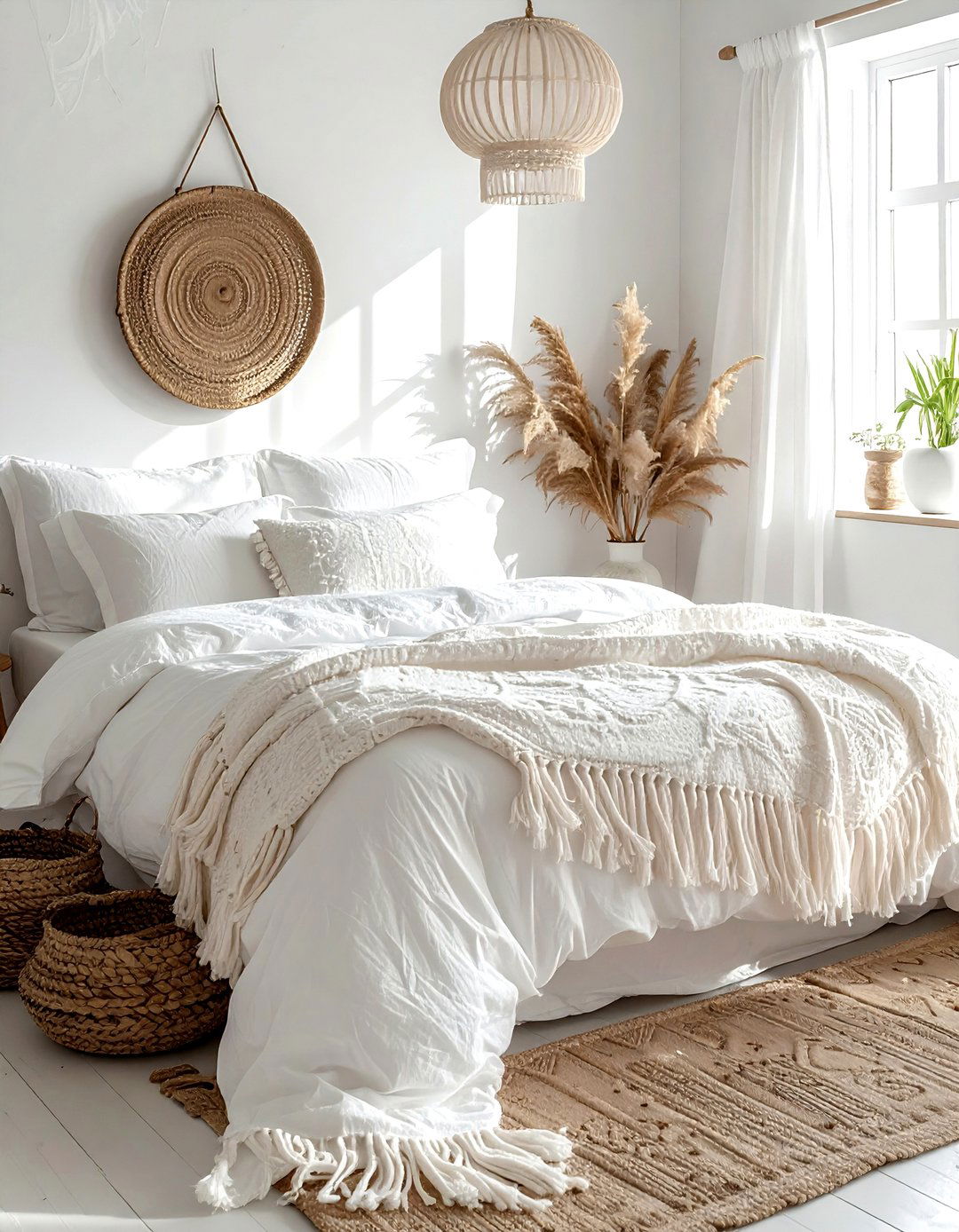 White fringe pillows - 30 bohemian white bedroom ideas