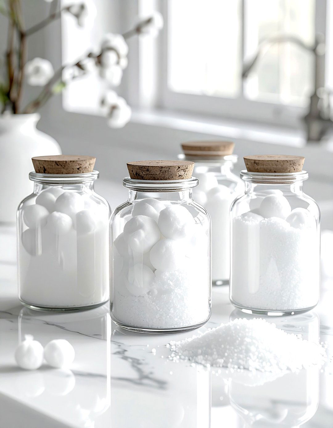 White glass apothecary jar - 30 white bathroom accessories ideas