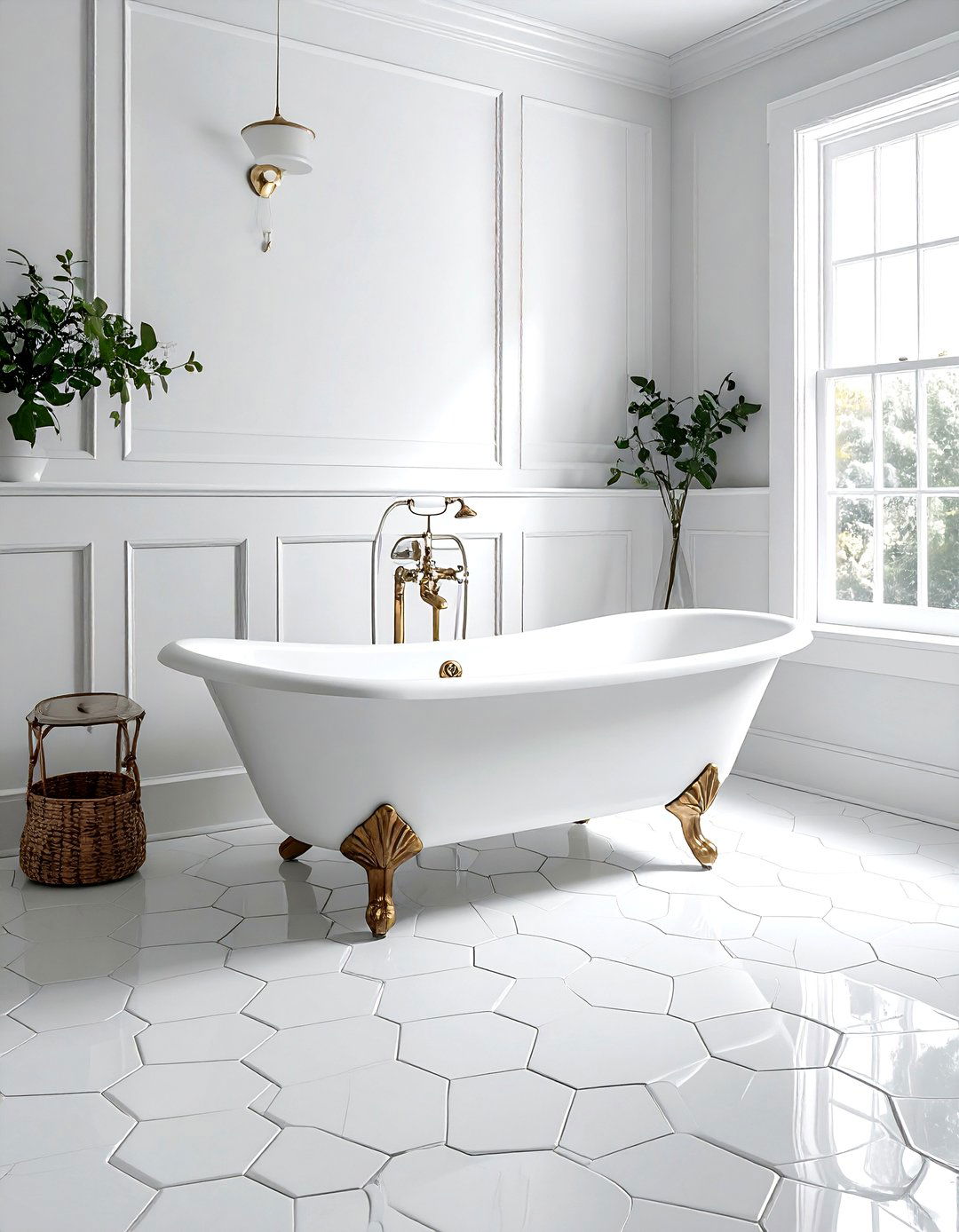 White hexagon tile clawfoot tub - 30 white hexagon tile bathroom ideas
