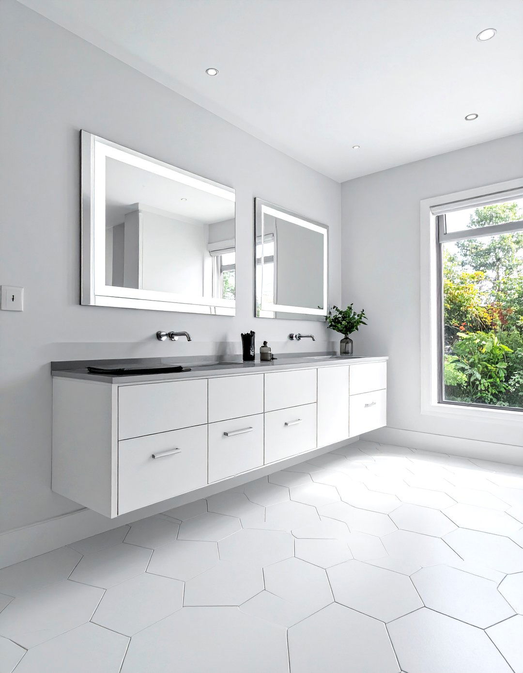 White hexagon tile double vanity - 30 white hexagon tile bathroom ideas