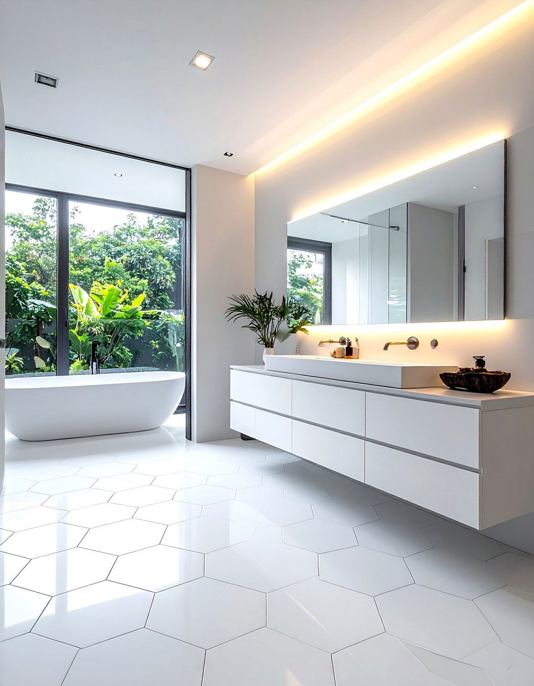 White hexagon tile floating vanity - 30 white hexagon tile bathroom ideas
