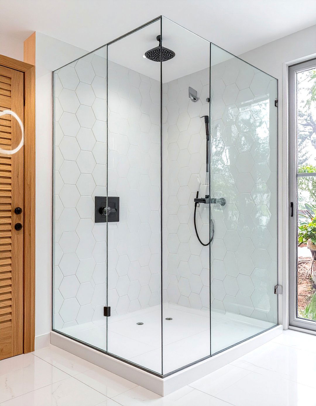 White hexagon tile glass shower - 30 white hexagon tile bathroom ideas