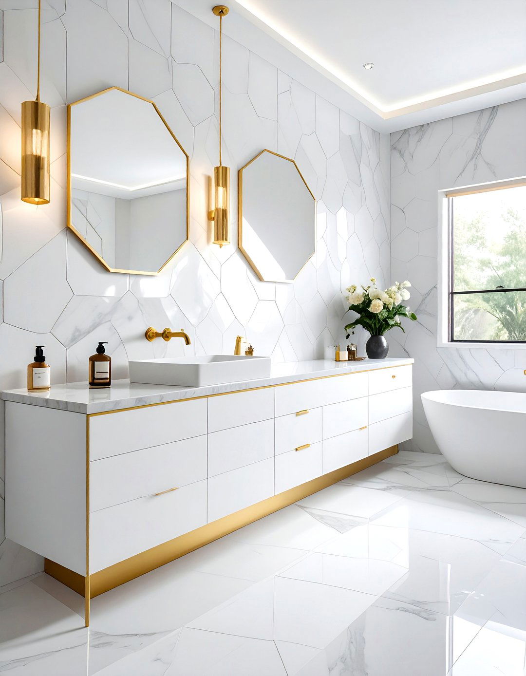 White hexagon tile gold accents - 30 white hexagon tile bathroom ideas