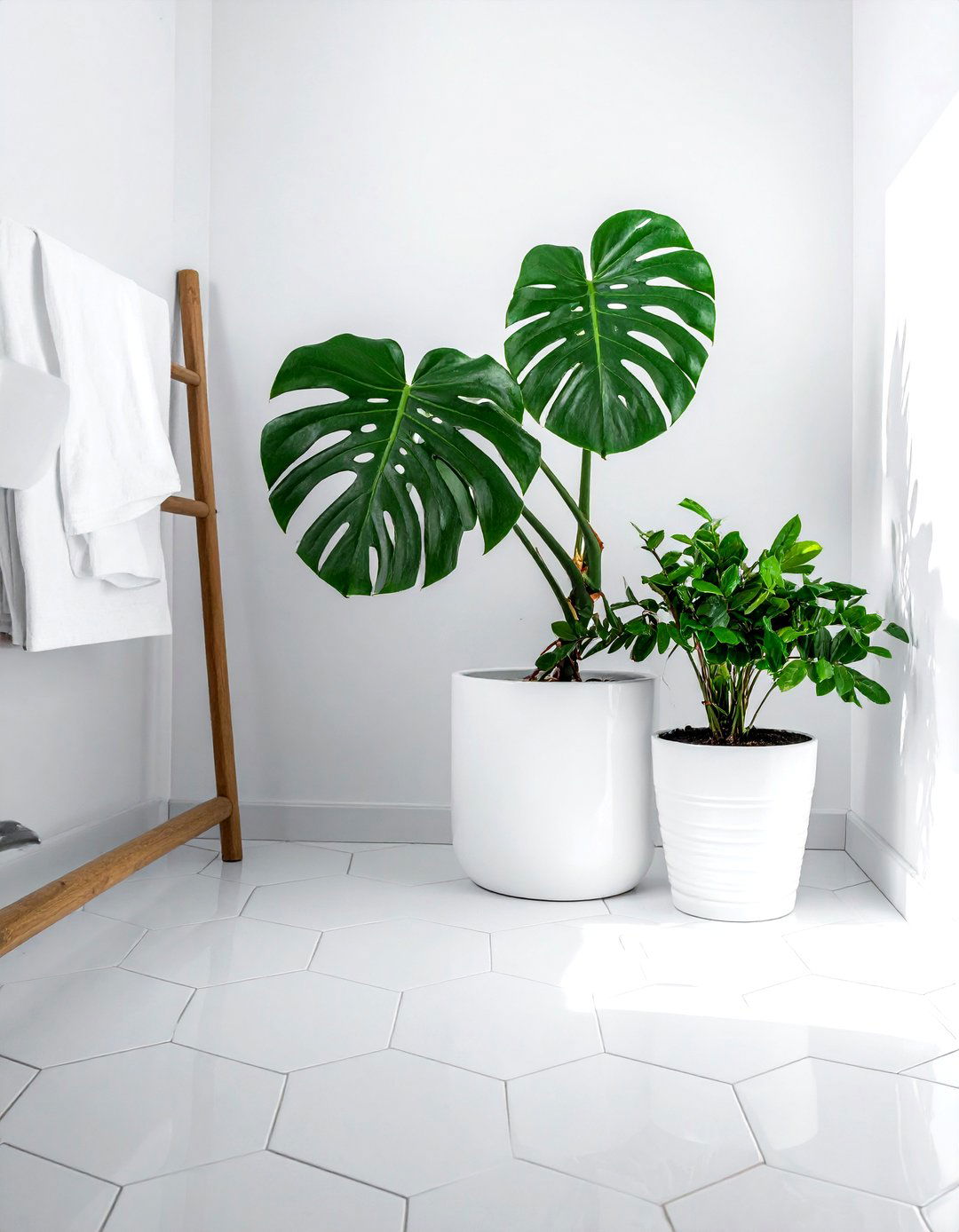 White hexagon tile indoor plants - 30 white hexagon tile bathroom ideas