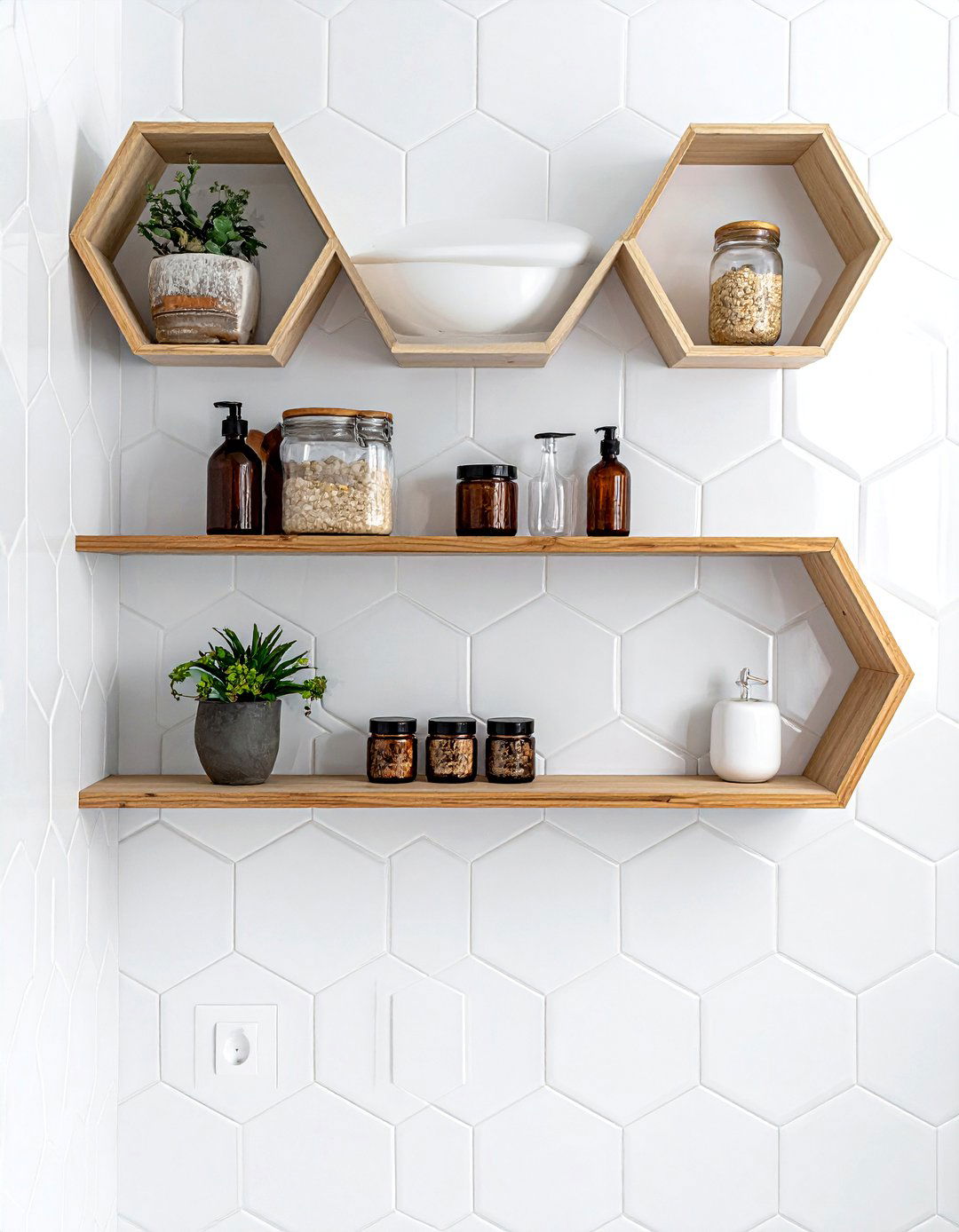 White hexagon tile open shelving - 30 white hexagon tile bathroom ideas