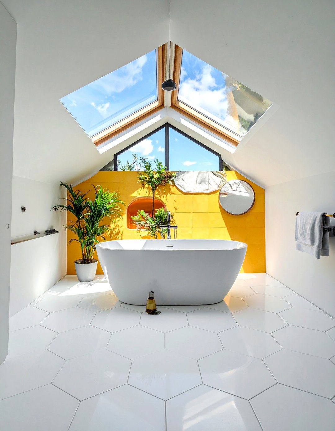 White hexagon tile skylight bathroom - 30 white hexagon tile bathroom ideas