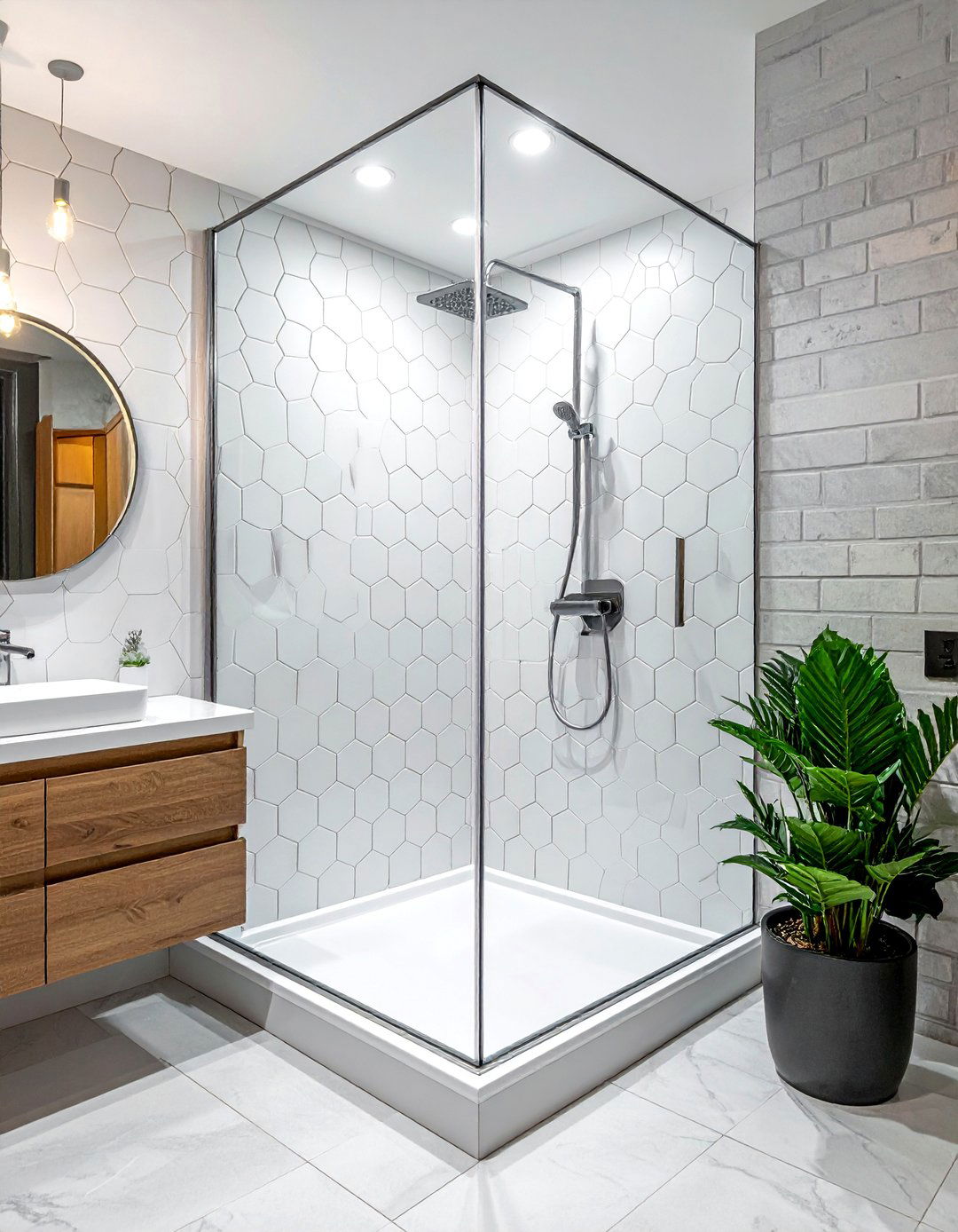 White hexagon tile walk in shower - 30 white hexagon tile bathroom ideas