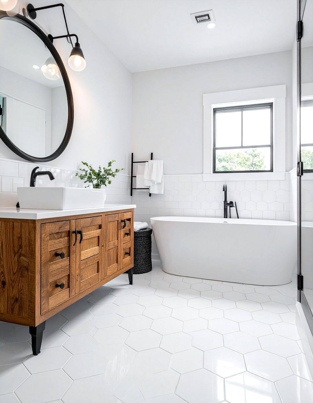 White hexagon tile wood vanity - 30 white hexagon tile bathroom ideas