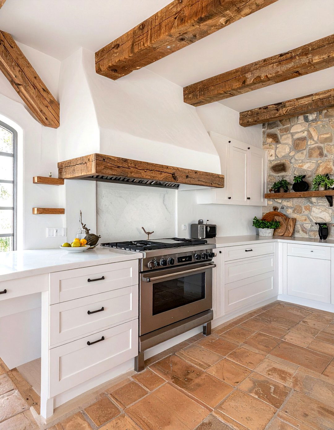 White hood wood beam - 30 white hood kitchen ideas