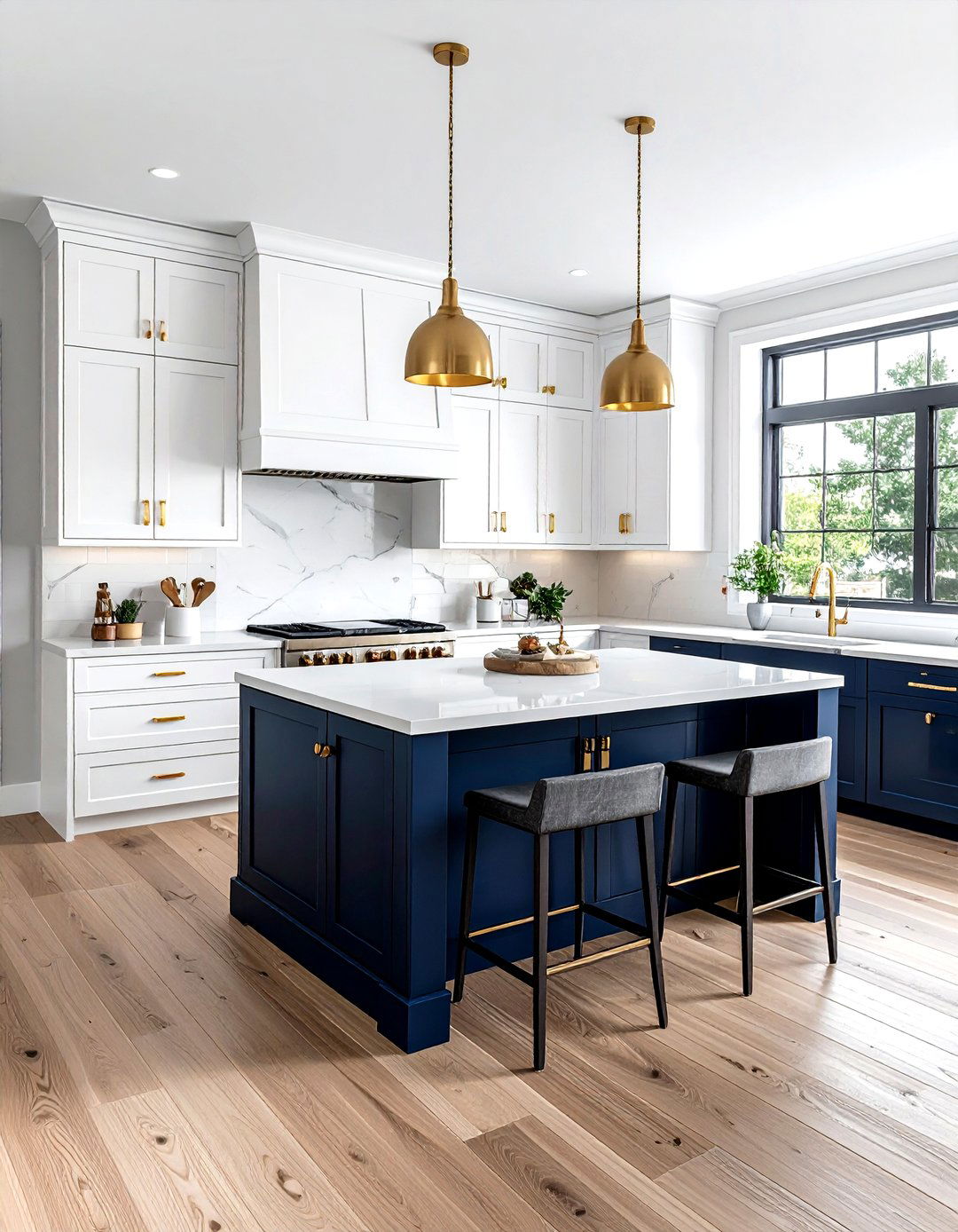 White kitchen cabinets with navy island - 30 navy and gold kitchen ideas