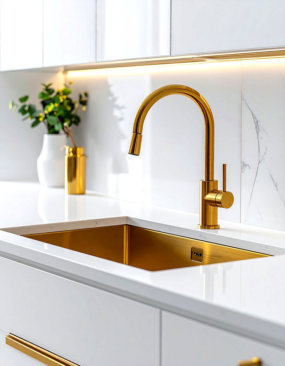 White kitchen gold faucet sink - 30 gold and white kitchen ideas