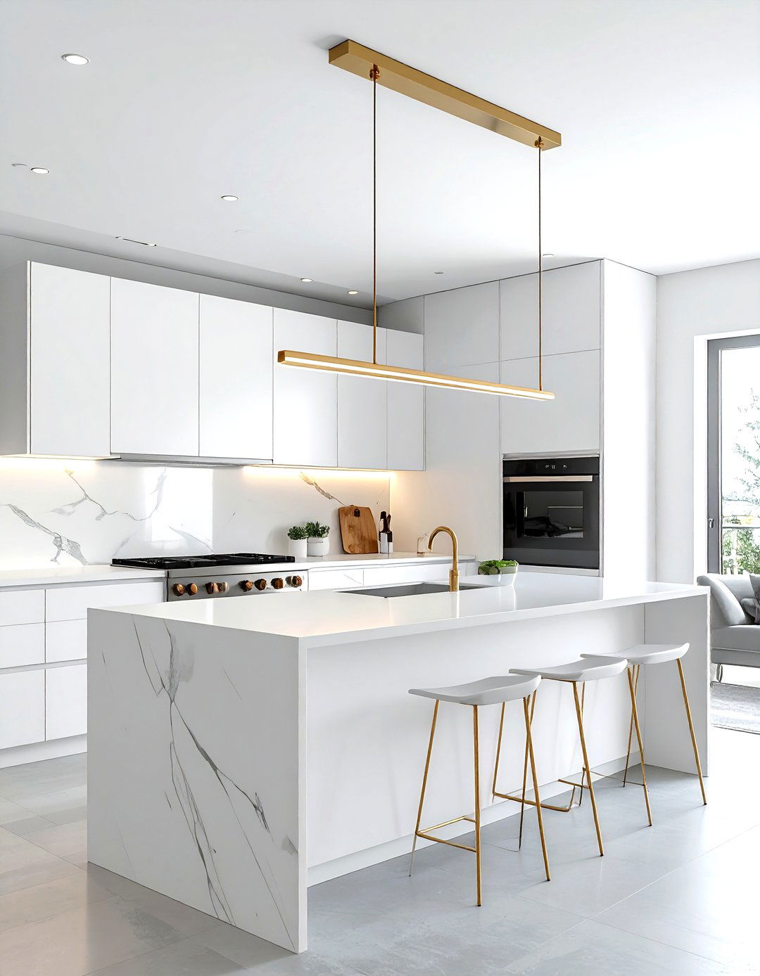 White kitchen gold linear pendant - 30 gold and white kitchen ideas