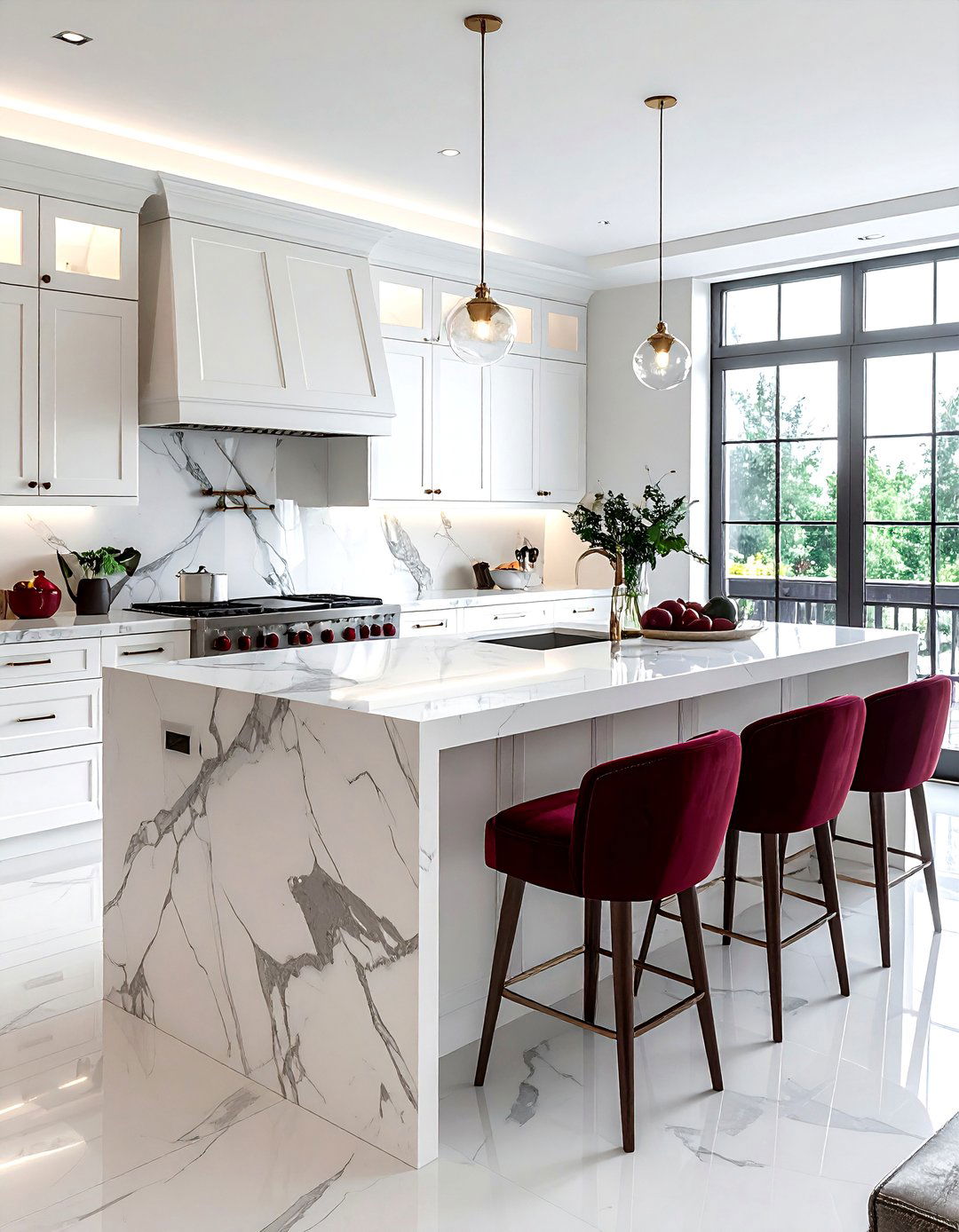 White kitchen island burgundy stools - 30 burgundy and white kitchen ideas
