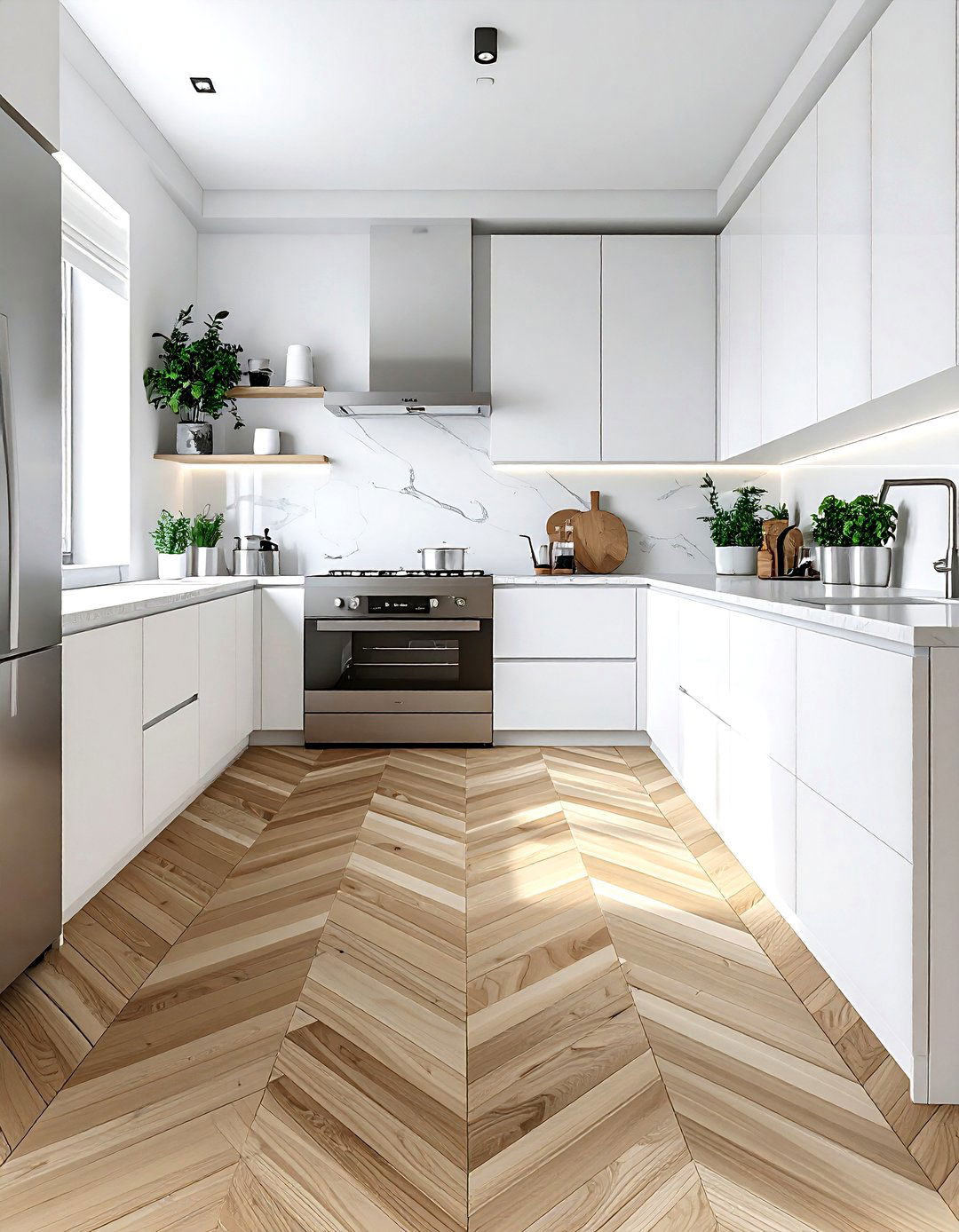 White kitchen light oak herringbone - 30 herringbone floor kitchen ideas