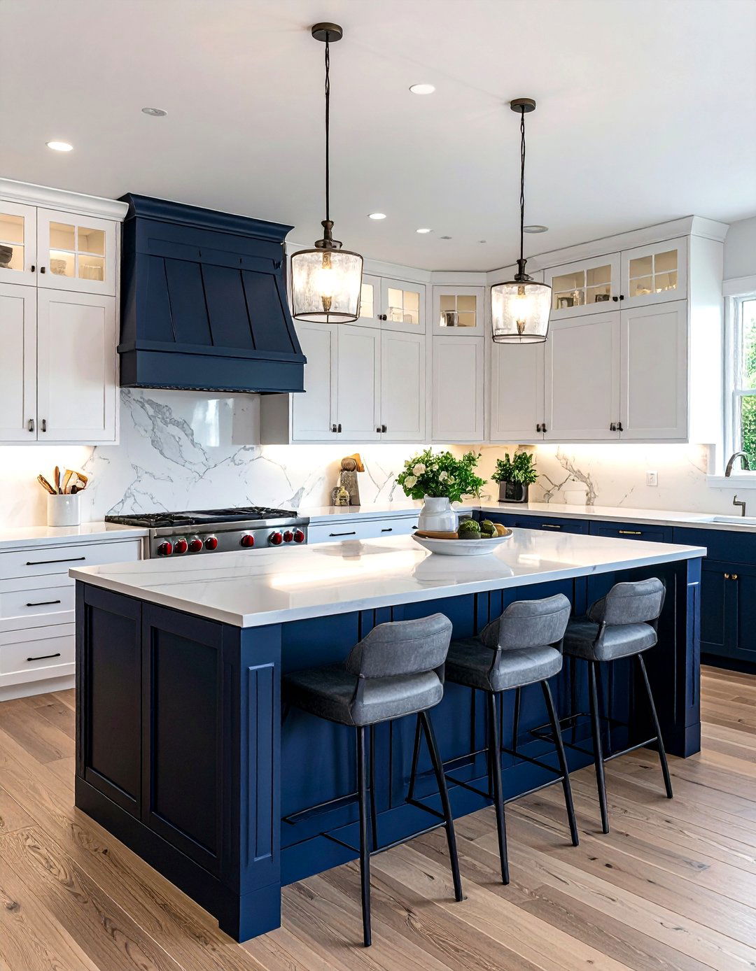 White kitchen navy island - 30 white kitchen cabinet ideas
