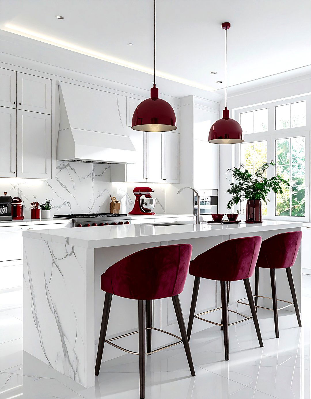 White kitchen with burgundy accents - 30 burgundy and white kitchen ideas