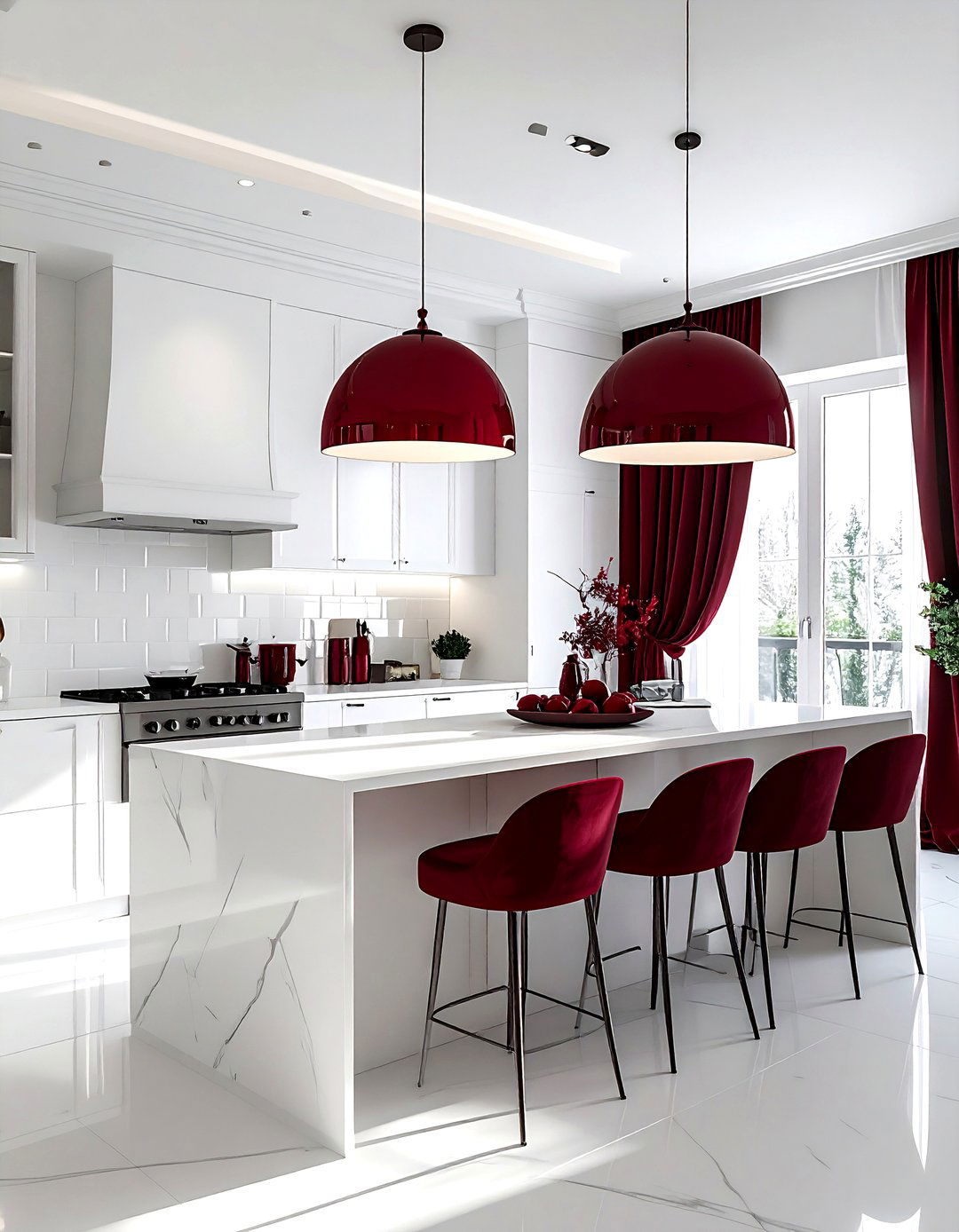 White kitchen with burgundy light fixtures and decor - 30 burgundy and white kitchen ideas