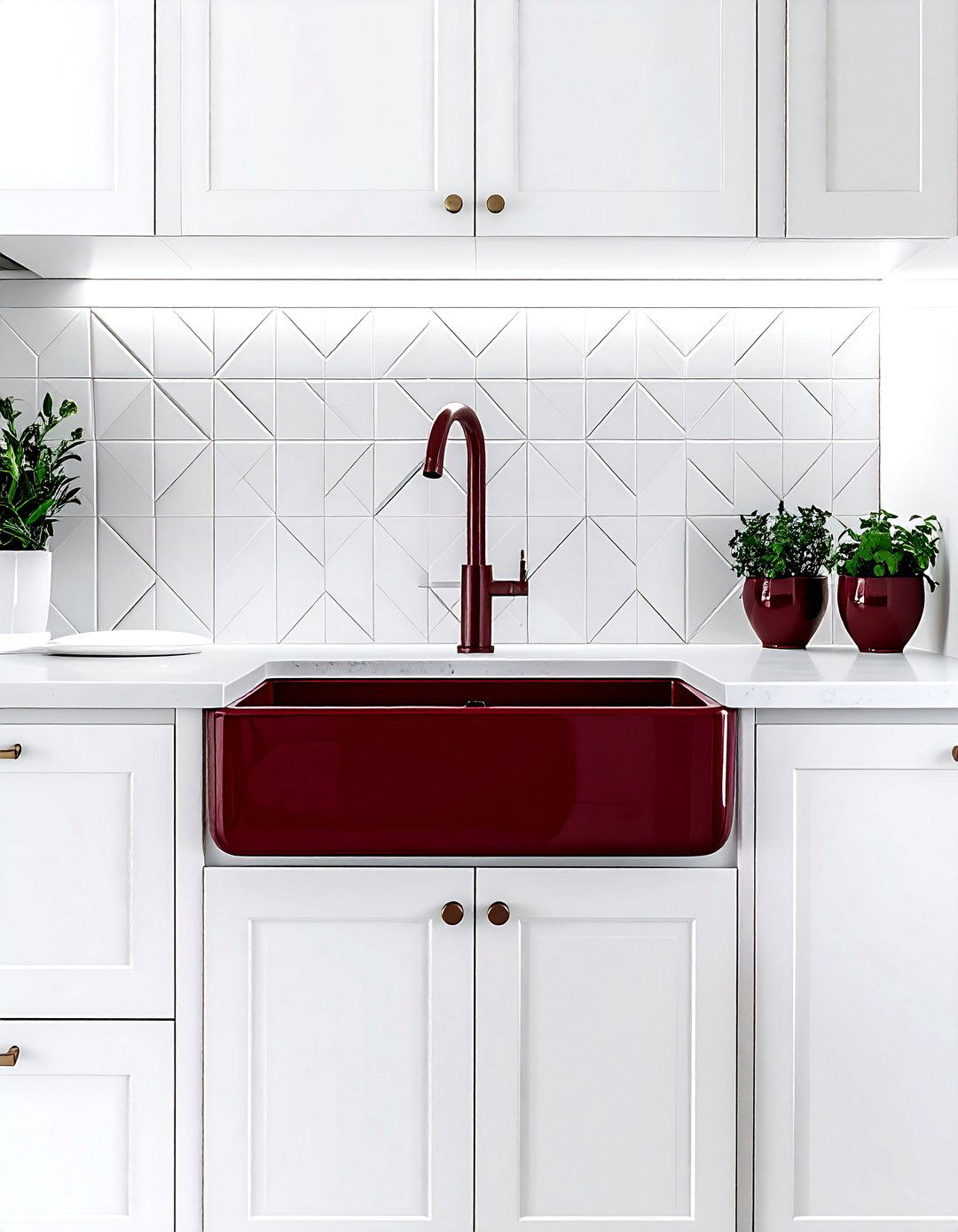 White kitchen with burgundy sink and patterned tiles - 30 burgundy and white kitchen ideas