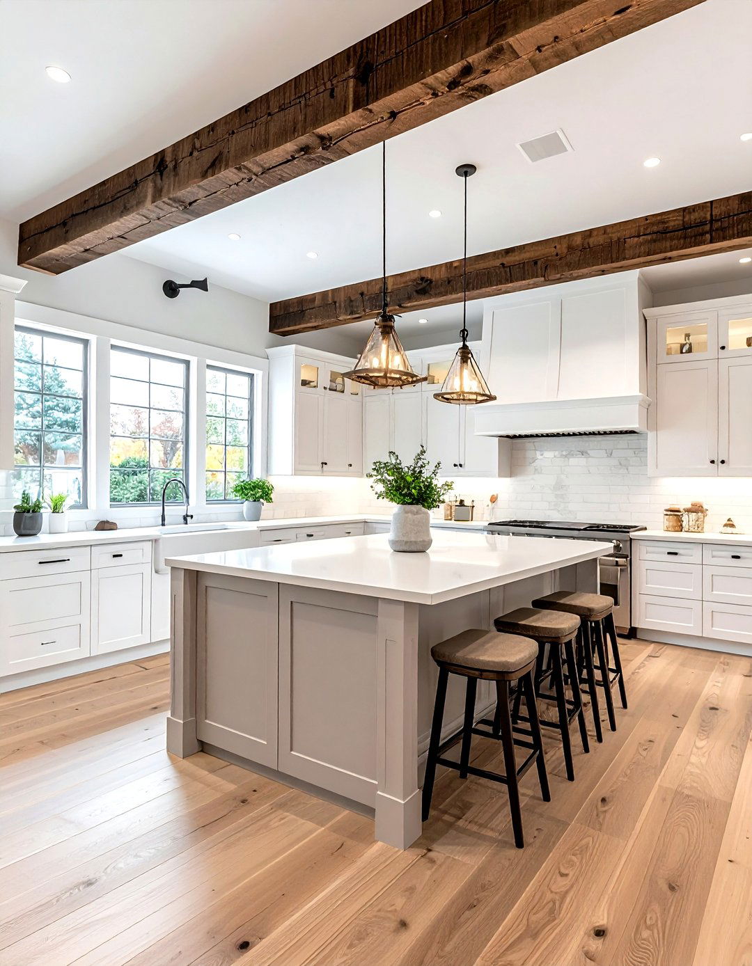White kitchen with wood ceiling beams - 30 brown and white kitchen ideas