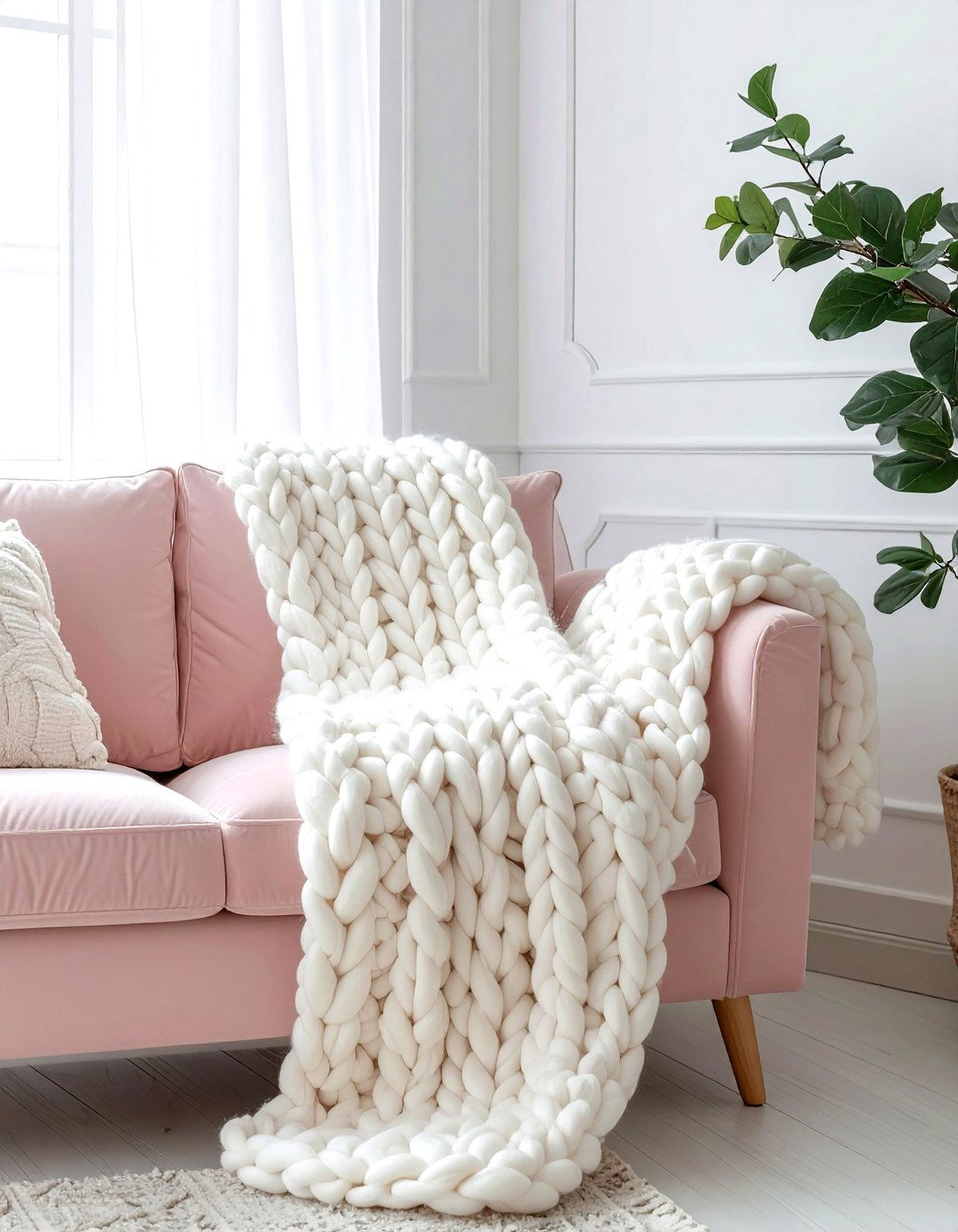 White knit throw blanket - 30 blush and white living room ideas