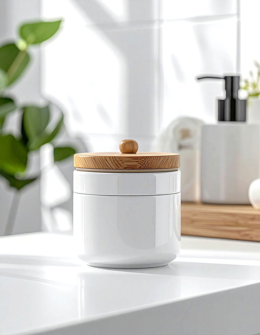 White lidded ceramic canister - 30 white bathroom accessories ideas