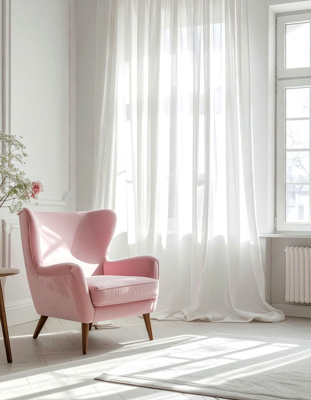 White linen curtains - 30 blush and white living room ideas